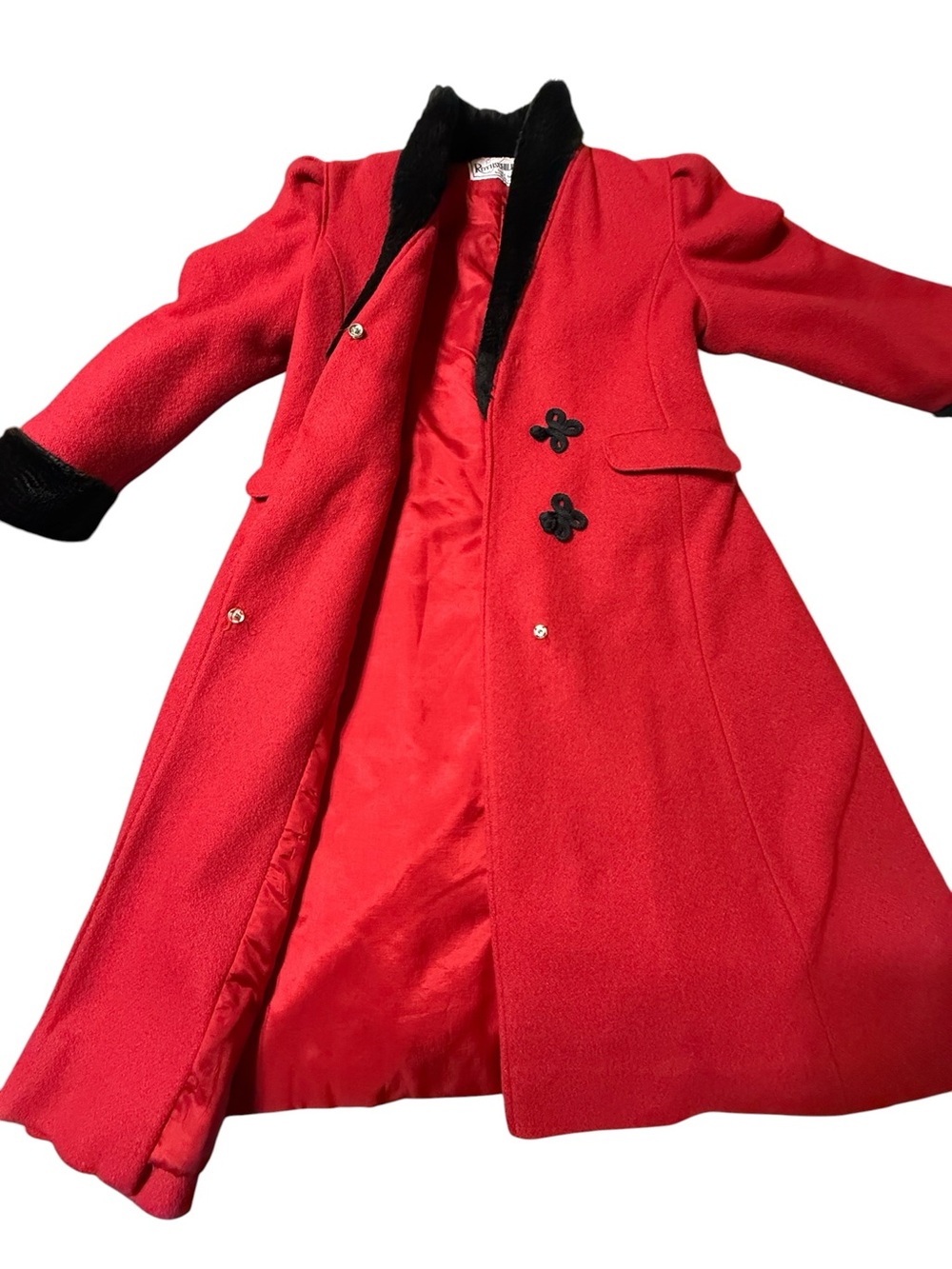 VTG Rothschild Red Wool Princess Coat Sz 8 Black Faux Fur Trim Frog Closure USA - Picture 2 of 8